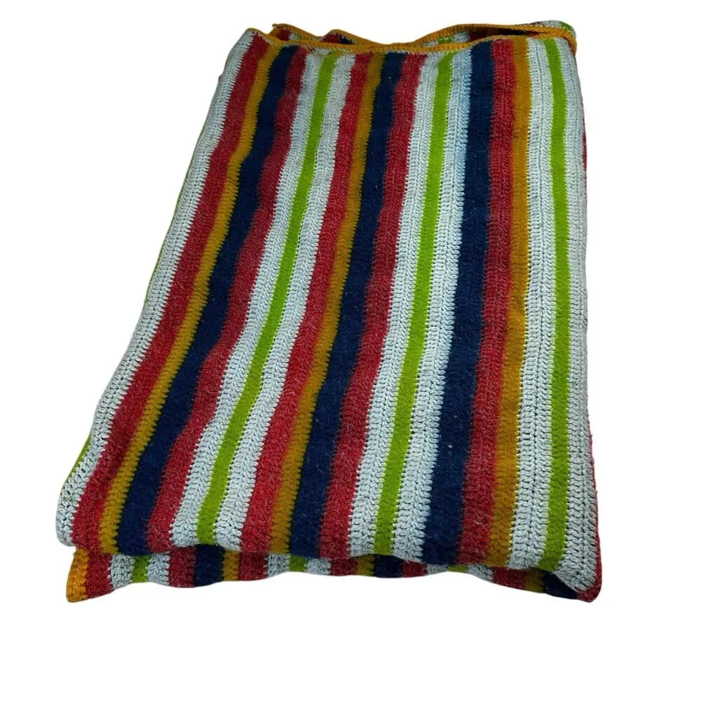 Handmade Crochet Throw Blanket Multi Color Striped Retro Boho Afghan Rectangle‎